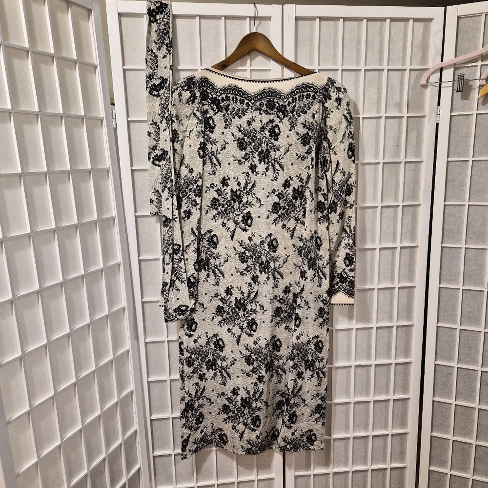 Vintage Flora Kung Silk Black and Cream Midi Dress Sz 8